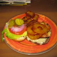 The Hawaiian Burger · ½ lb. flame broiled burger with ham, pineapple and teriyaki sauce on a grilled brioche bun.