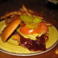 BBQ Bacon Bird Sandwich · Breaded chicken breast, bacon, BBQ sauce, lettuce, tomatoes and pickles on a grilled brioche...