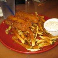Fish and Chips · Battered cod served with fries and tarter sauce.