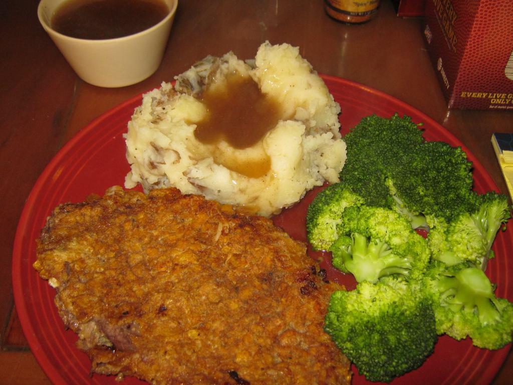 Chicken Fried Steak · A fresh top sirloin steak hand cubed and breaded with crushed corn flakes served with mashed potatoes, gravy, choice of veggies and a dinner salad.