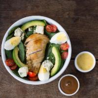 Cobb Salad with Rotisserie Chicken · Organic egg, avocado, bleu cheese, tomato, baby spinach and balsamic vinaigrette.