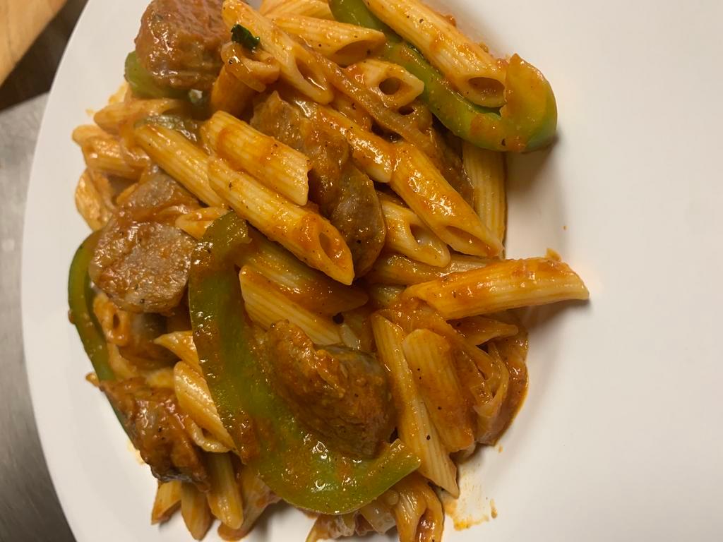 Penne with Sausage and Pepper · Penne sausage pepper thick slices of Italian sausage w, peppers over penne.