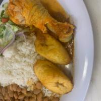 Pollo Guisado · pollo guisado, served with rice ,beans ,salad, and sweet plantains.