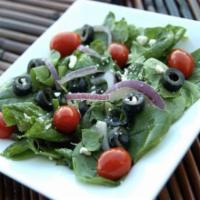 Spinach Salad · Fresh spinach and romaine mix, feta, red onion, black olives, and tomatoes and your choice o...
