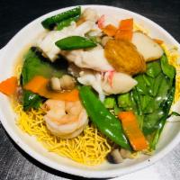 U12. Crispy Seafood Noodle · crispy noodles W. shrimp, squid, fishcakes, crab meat, scallop & carrot, snow peas, mushroom...