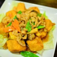 V15. Homemade Tofu with Special Sauce · Our signature dish homemade tofu with Pork and shrimp.