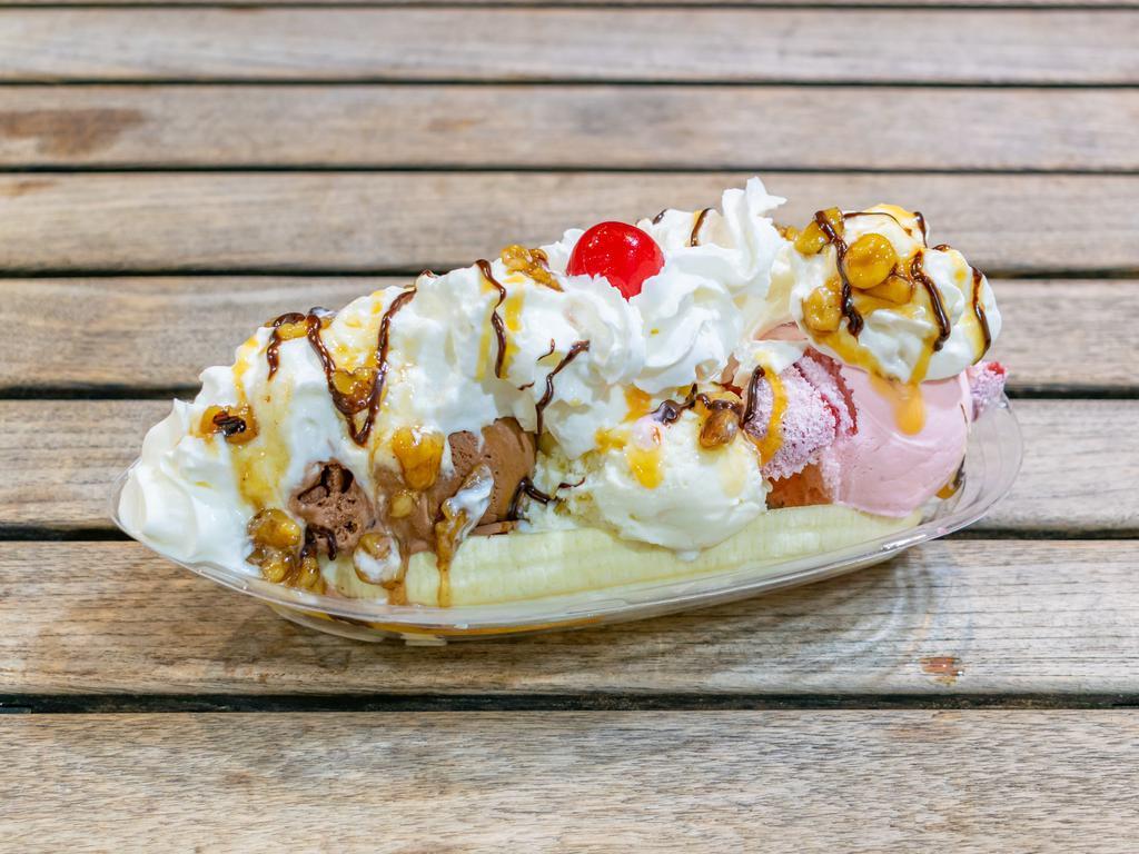 Banana Split  · 3 scoops and 3 toppings. 