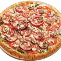 Garlic Spinaci Pizza · A white garlic sauce base topped with baby spinach, red onions, mushrooms and tomatoes, then...