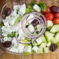 Greek Salad · Romaine lettuce, tomatoes, cucumbers, Kalamata olives and feta cheese.