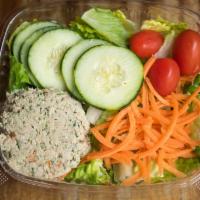 Tuna Salad · Romaine lettuce, tomatoes, cucumbers, carrots and white tuna salad.