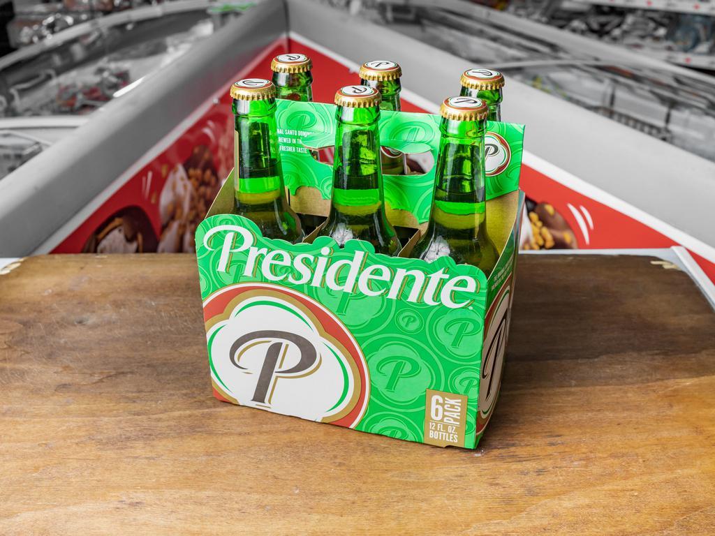 Presidente Cerveza Pilsener Beer · 12 oz. 6 pack bottles. Pilsner, 4.0% ABV. Santo Domingo. Very alcoholic aftertaste, it smells like my roommate used to when he came home every night when I was just out of college. Must be 21 to purchase.