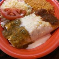 Enchiladas El Presidente · Three beef enchiladas with green sauce, cheese dip and enchilada sauce. Choice of rice with ...
