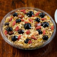 Harpell's Classic Bowl Breakfast · Base of banana, oats, cinnamon and almond milk, topped with granola, blueberry, goji berry a...