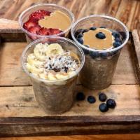 Overnight Oats · Base of: Rolled or Steel Cut Oats, Almond Milk, Cinnamon, Honey, 

Fresh and Dried Fruit com...