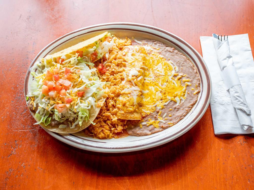 13. Enchilada, Taco and Tostada Combo · Cheese, bean, ground beef, chicken or picadillo.