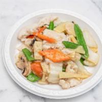 85. Moo Goo Gai Pan · Stir fried chicken and vegetable dish.