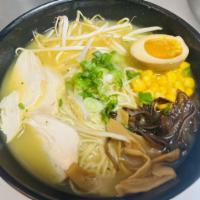 Chicken Ramen · Chicken broth, chicken chashu,  been sprouts, fried onion, and green onion. 