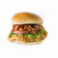 BBQ Club Chicken Sandwich · crispy tenders bbq sauce, pickles, lettuce, tomato, red onion, American cheese, bacon with t...