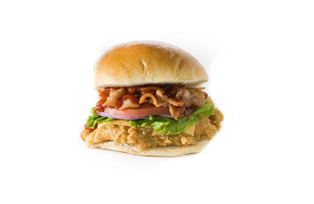 BBQ Club Chicken Sandwich · bbq sauce, pickles, lettuce, tomato, red onion, American cheese, bacon with toasted Brioche Bun.