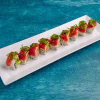 Roca Roja Roll · Fresh salmon, seaweed salad top with fresh tuna.