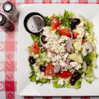 Greek Salad · Feta cheese, romaine lettuce, mesclun, tomatoes, red onion, cucumber, and Kalamata olives.