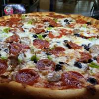 5. House Special Pizza · Pepperoni, sausage, fresh mushrooms, spinach, broccoli, peppers, onions and black olives.