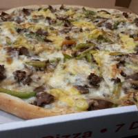 12. Philly Cheese Steak Pizza · Sliced steak, fresh mushrooms, onions, peppers and American and Mozzarella cheese.