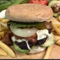 Leo’s burger · Homemade beef burger with bacon avocado,fresh mozzarella,grilled onions, lettuce, tomatoes,p...