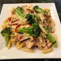 Penne with Grilled Chicken and Broccoli · With sun dried tomatoes & garlic and oil.