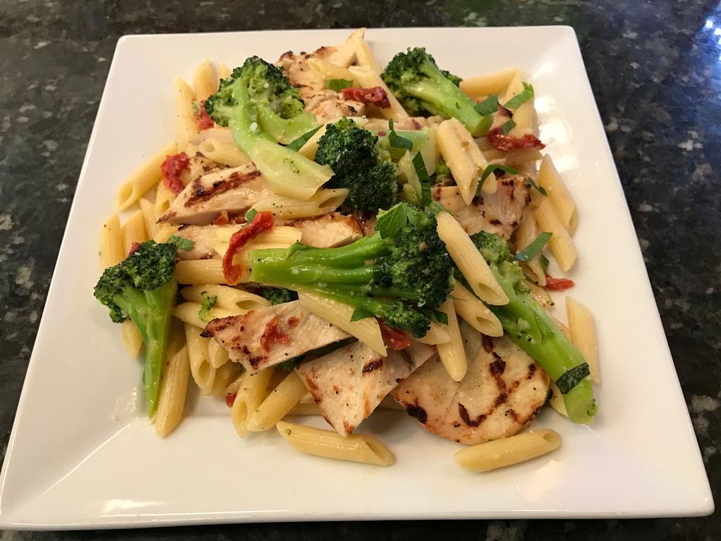 Penne with Grilled Chicken and Broccoli · With sun dried tomatoes & garlic and oil.