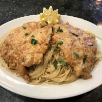 Chicken Francaise · Chicken breast with wine sauce butter and lemon 