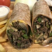 Philly Cheese Steak Wrap · Sliced steak, grilled onions, mushrooms, peppers and American cheese. Served on a whole whea...