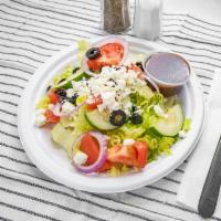 Greek Salad · Lettuce, olives, cucumber, tomato, onions, feta cheese and side of balsamic vinaigrette.