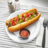 Big Ben Cheese Steak · Cheese Steak served with American Cheese, sauteed onions, peppers, mushrooms and sauce on a ...