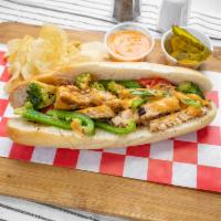 Salmon Cheese Steak · Grilled Salmon served with sauteed onions, peppers, broccoli and house spicy mayo on a fresh...