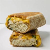 Chicken, Bacon, Cheddar Wrap · A generous portion of cheddar, all-natural chicken breast, Spanish rice, applewood smoked ba...