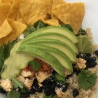 Vegan Bowl *GF · Spanish rice, organic black beans, house salsa, cilantro, sliced avocado, and house avocado ...
