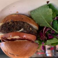 Veggie Burger · grilled tomato and red onion, chipotle mayo on brioche bu, with side salad.
VEGETARIAN