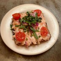 Smoked Salmon Tartine · toasted seven grain, salmon-crème-fraîche, with red onions, capers, topped with fresh basil,...