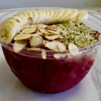 Protein Bowl · Pitaya topped with banana, hemp, almond slices, almond butter gluten free granola, honey or ...