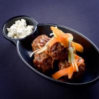 Bison Meatballz  · Buffalo, honey sriracha, BBQ Bleu cheese crumbles, carrots, celery. 
