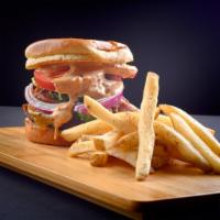 Art Houz Burger  · Prime blend beef, smoked cheddar, crispy pork belly, lettuce, tomato, onion, pickle, fries, ...