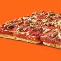Deep Deep Dish 3 Meat Treat Pizza · Large detroit-style deep dish pizza with pepperoni, Italian sausage and bacon.