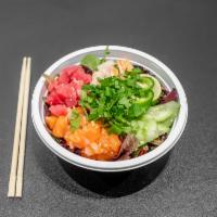 Ceviche Bowl · Yellow tail, salmon, tuna, crab free. Japanese pickle, shrimp, organic spring mix, avocado, ...