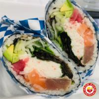 Xuan Asian Burrito · Recommended. Sushi rice, tuna, salmon, albacore, crab meat, avocado, cucumber, sweet onion, ...