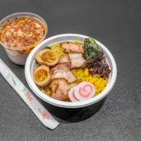 Shoyu Ramen Soup · Cha shu style pork belly, nori, soft boiled egg, bamboo shoot, wood ear mushroom, corn, fish...