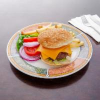 Veggie Burger with Portobello · Served with lettuce, tomato, red onion, and french fries.