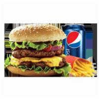 Double Cheeseburger Combo · 100% halal beef steak burger 5 oz.  Grilled or fried patty with cheese on a bun. 