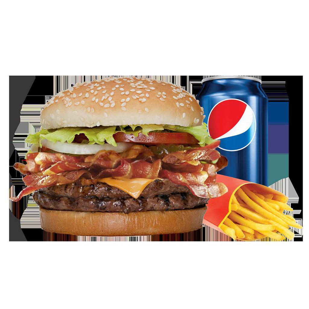 Double Bacon Cheeseburger Combo · 100% halal beef steak burger 5 oz. with halal turkey bacon. Served with choice of side and drink. 
