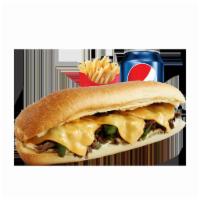 Philly Cheesesteak · Halal steak sandwich comes with mayo, ketchup, onions, green peppers, and American cheese.